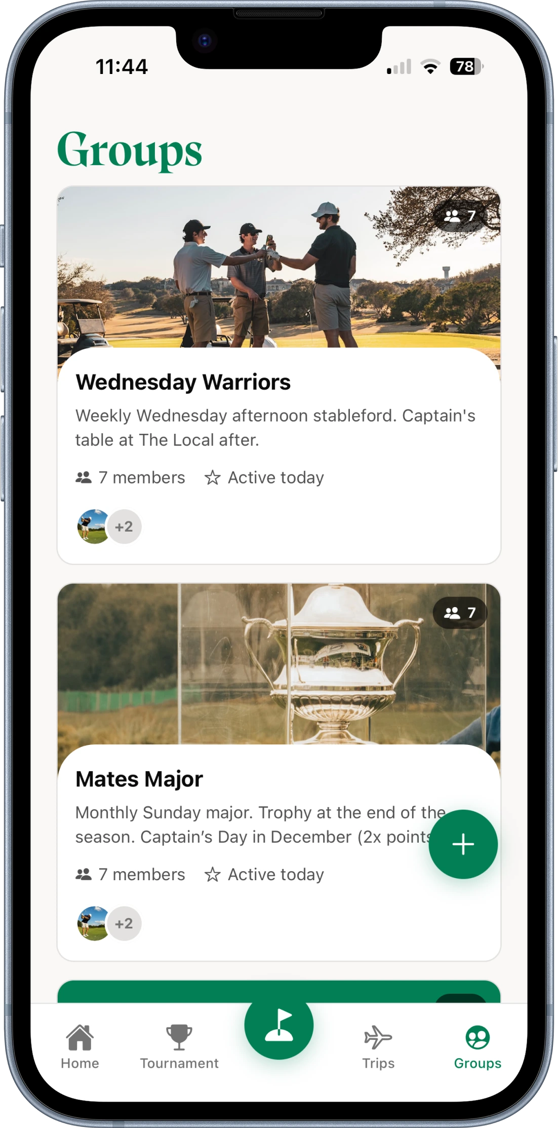 Groups list showing Wednesday Warriors and Mates Major