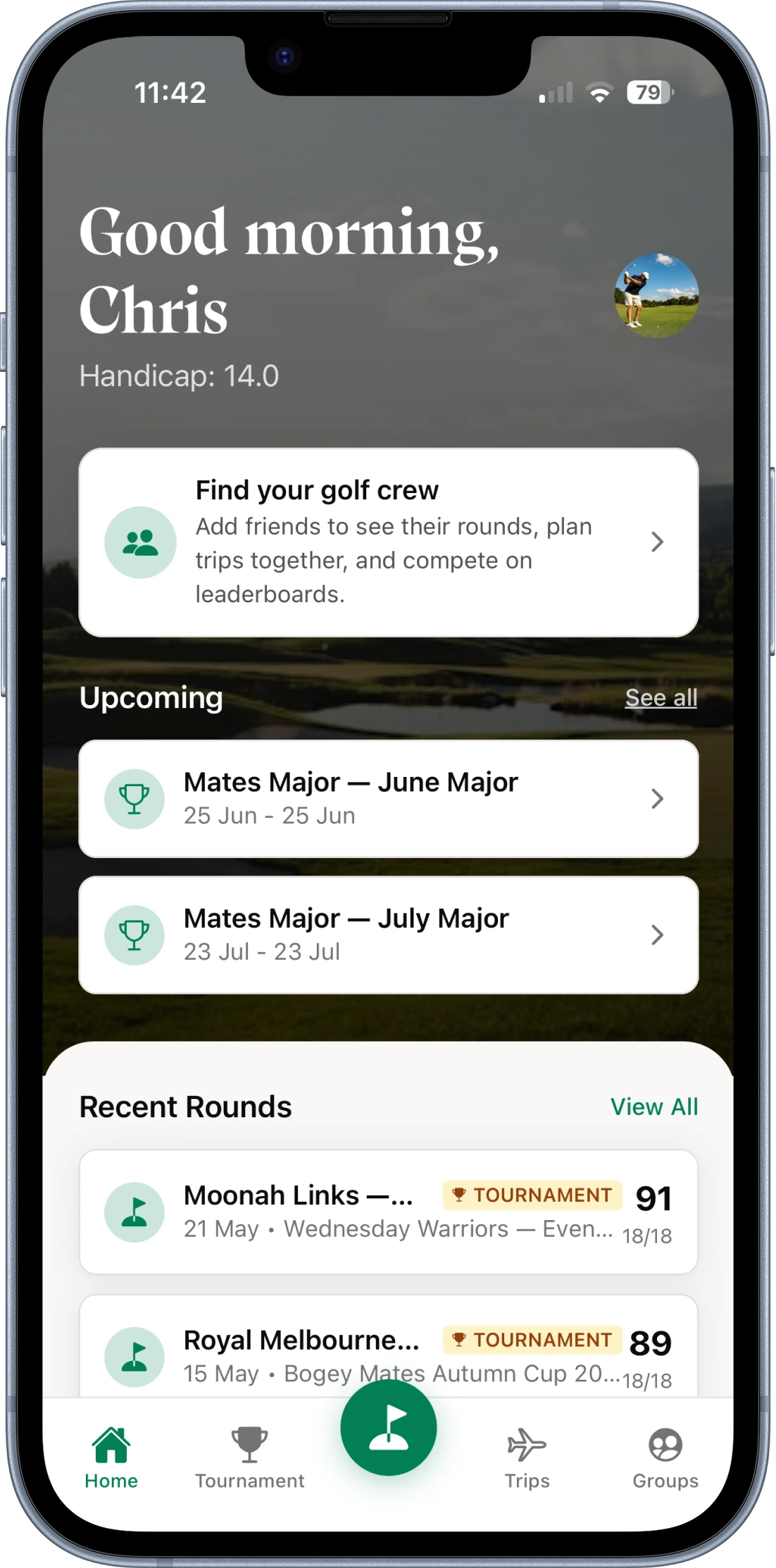 Bogey Mates home screen with handicap, upcoming events and recent rounds