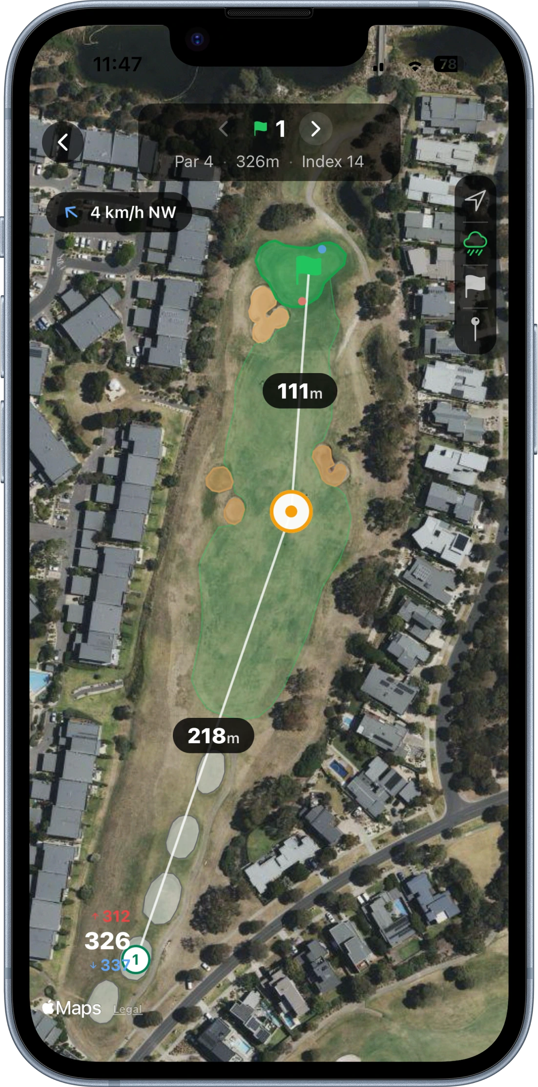 Satellite GPS view of hole 1 with polygon greens, bunkers and distance markers