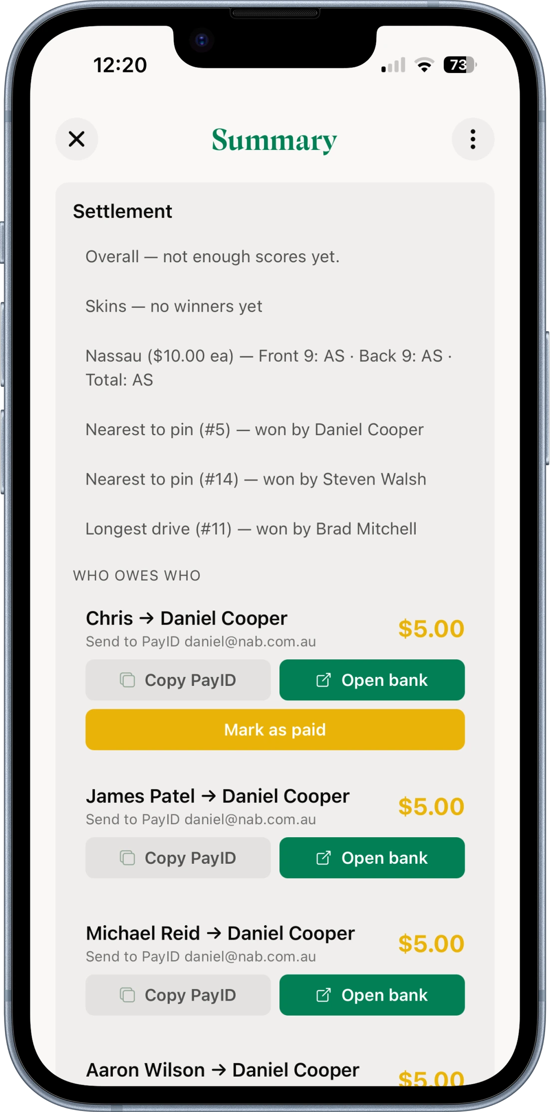 Settlement screen showing who owes who with Copy PayID and Open bank buttons