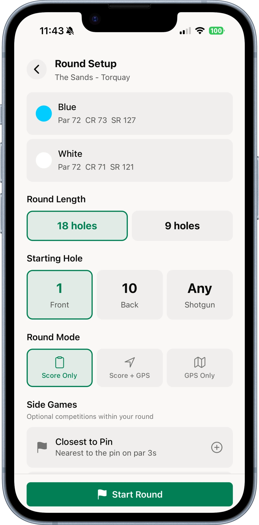 Round setup with tee selection, hole count and Score / Score+GPS / GPS Only mode