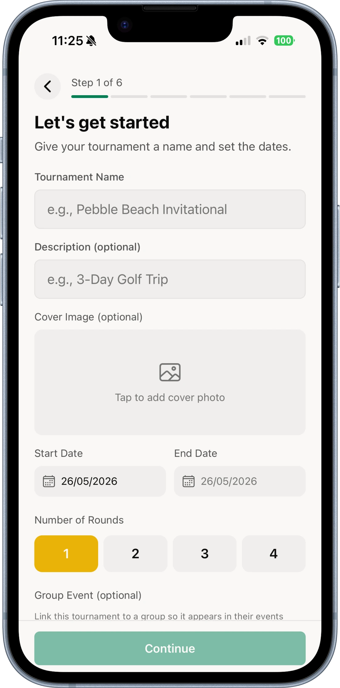 Create a tournament — name, dates and number of rounds
