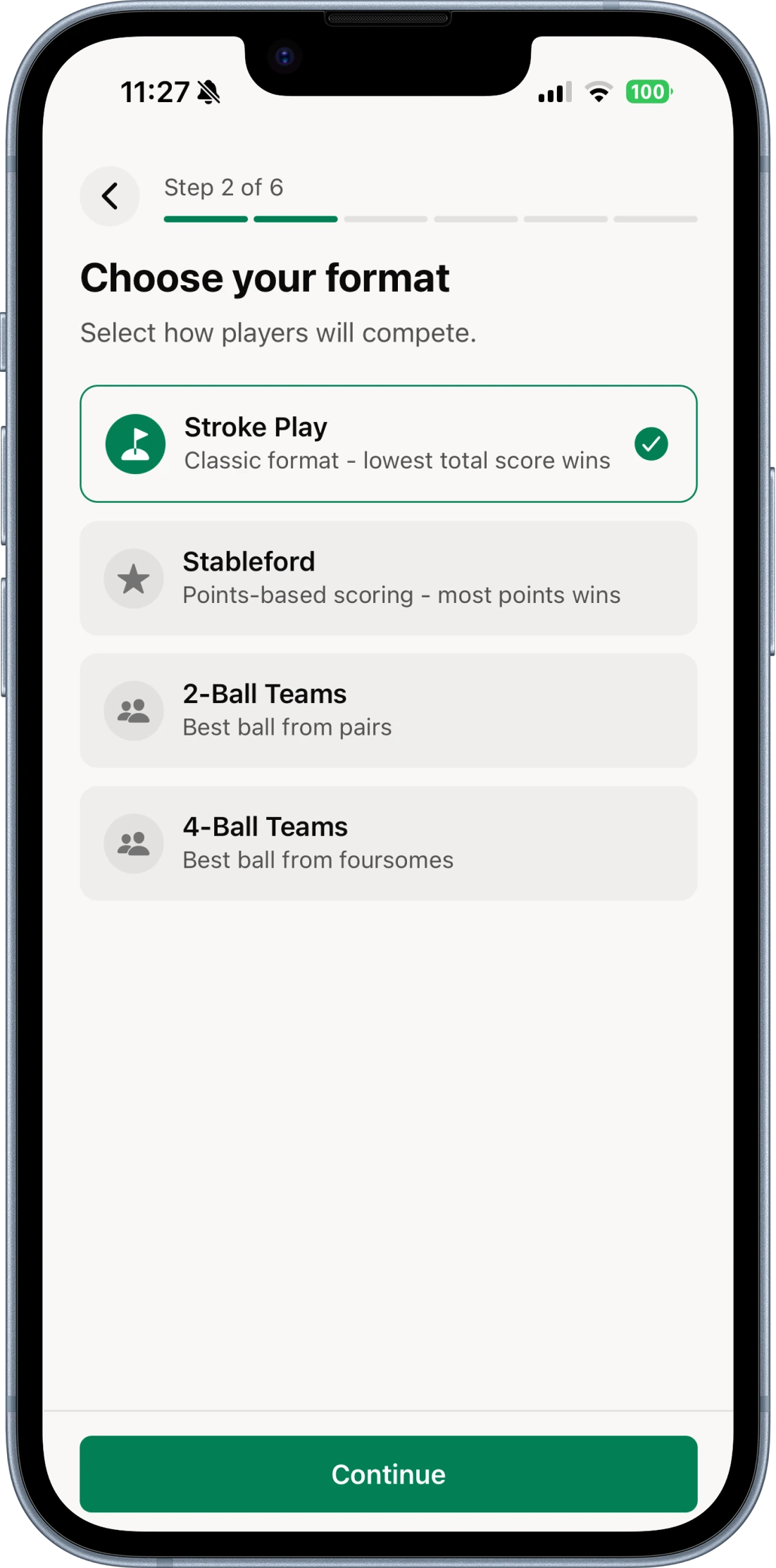 Choose a tournament format — stroke, stableford, 2-ball or 4-ball