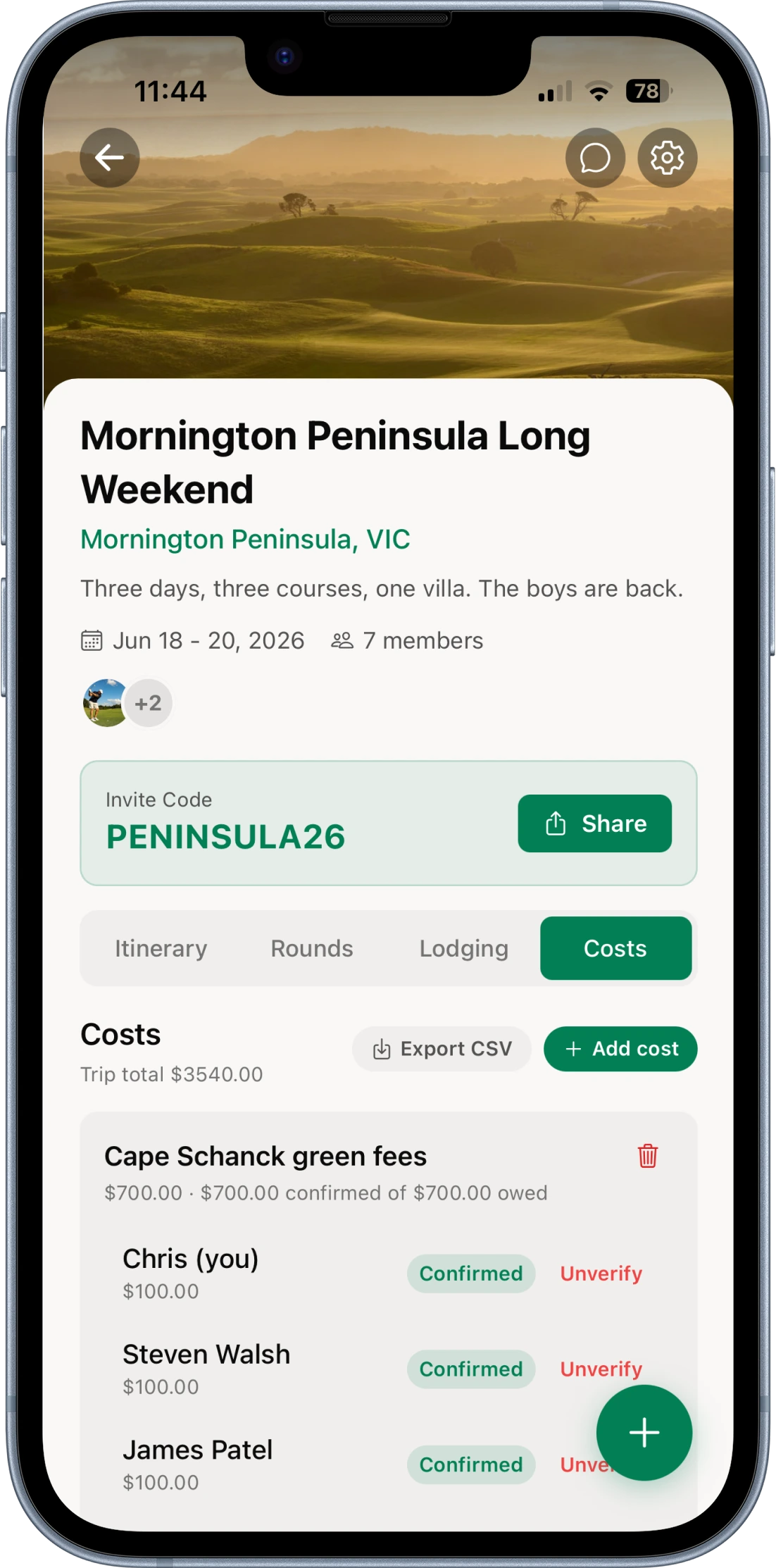 Trip costs view showing per-person Cape Schanck green fees with confirmed and owed states