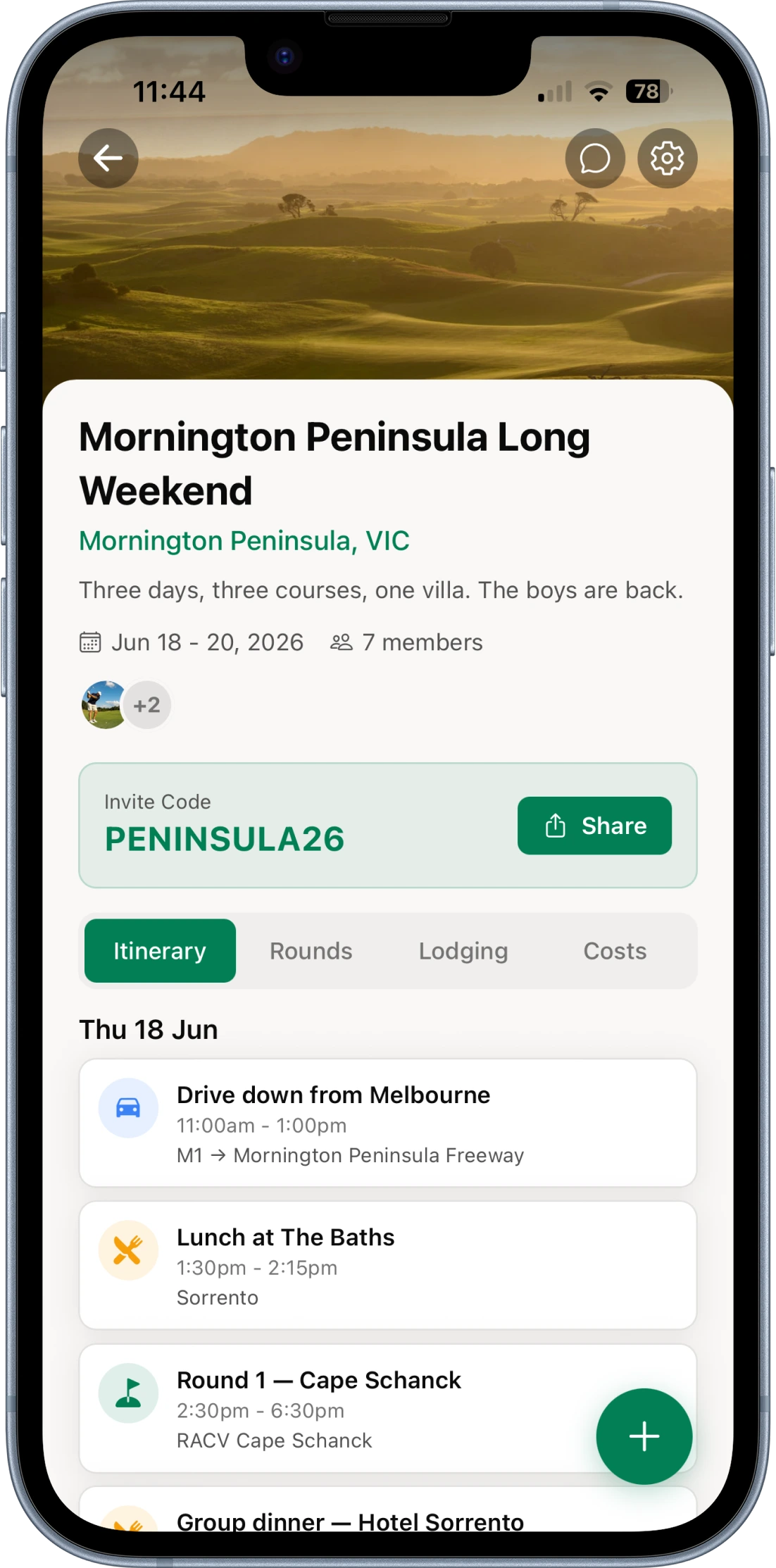 Trip itinerary with drive, lunch, round and group dinner scheduled