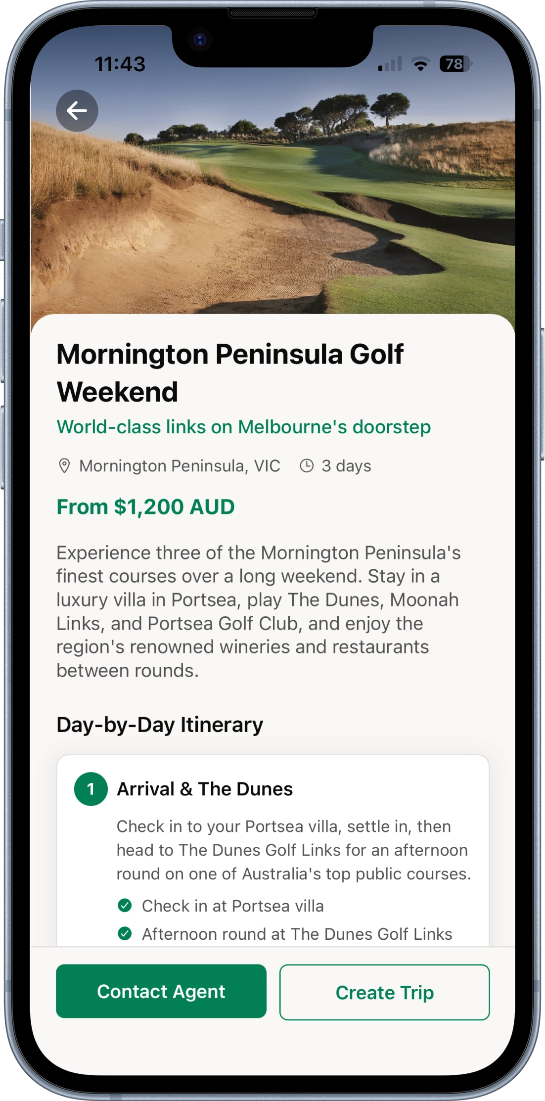 Mornington Peninsula golf weekend listing with day-by-day itinerary and Contact Agent button